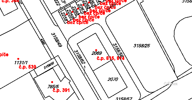 Žichlínské Předměstí 814,815, Lanškroun na parcele st. 2069 v KÚ Lanškroun, Katastrální mapa