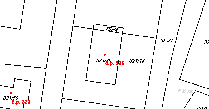 Semice 285 na parcele st. 321/25 v KÚ Semice nad Labem, Katastrální mapa
