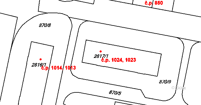 Horka-Domky 1023,1024, Třebíč na parcele st. 2817/1 v KÚ Třebíč, Katastrální mapa