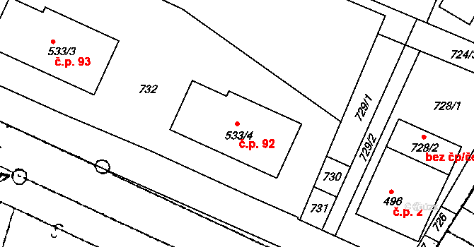 Chvalovice 92 na parcele st. 533/4 v KÚ Chvalovice, Katastrální mapa