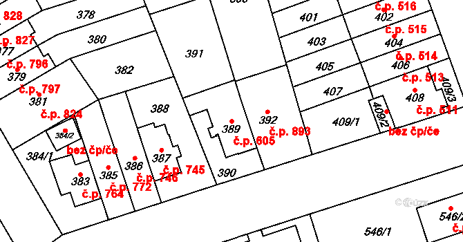 Řečkovice 605, Brno na parcele st. 389 v KÚ Řečkovice, Katastrální mapa