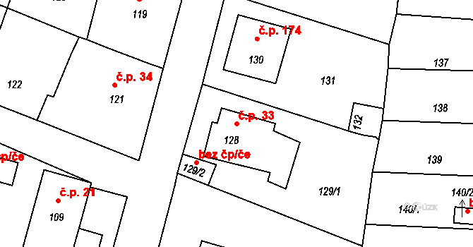 Šebrov 33, Šebrov-Kateřina na parcele st. 128 v KÚ Šebrov, Katastrální mapa