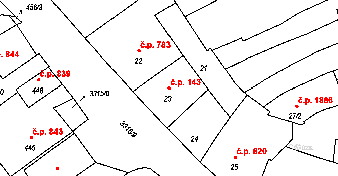 Pelhřimov 143 na parcele st. 23 v KÚ Pelhřimov, Katastrální mapa