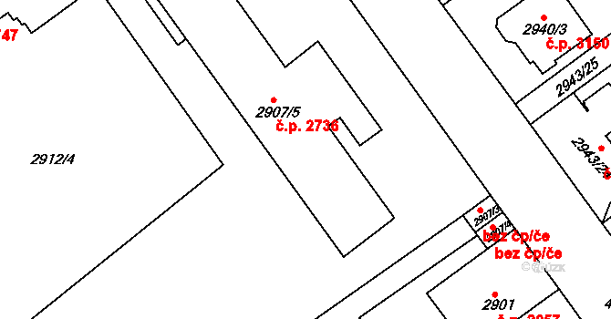 Teplice 2736 na parcele st. 2907/5 v KÚ Teplice, Katastrální mapa