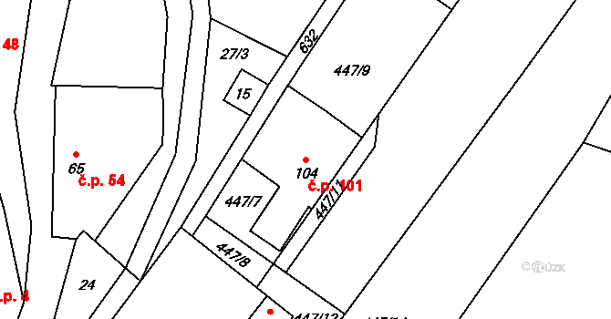 Branov 101 na parcele st. 104 v KÚ Branov, Katastrální mapa