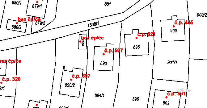 Jablůnka 507 na parcele st. 893 v KÚ Jablůnka, Katastrální mapa