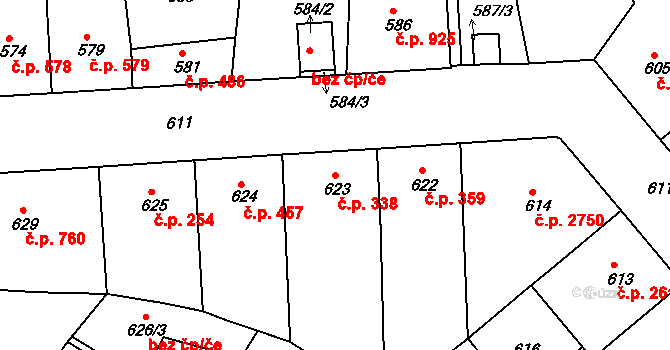 Žižkov 338, Praha na parcele st. 623 v KÚ Žižkov, Katastrální mapa
