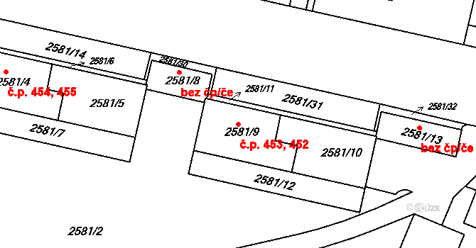 Smíchov 452,453, Praha na parcele st. 2581/9 v KÚ Smíchov, Katastrální mapa