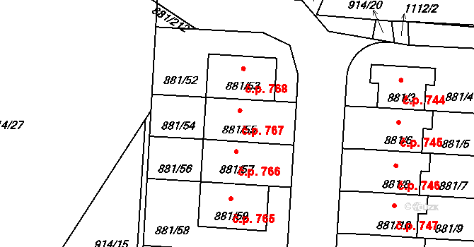Čimice 767, Praha na parcele st. 881/55 v KÚ Čimice, Katastrální mapa