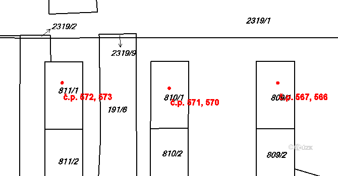 Rožmitál pod Třemšínem 570,571 na parcele st. 810/1 v KÚ Rožmitál pod Třemšínem, Katastrální mapa