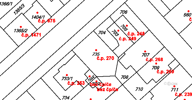 Doubravka 270, Plzeň na parcele st. 735 v KÚ Doubravka, Katastrální mapa