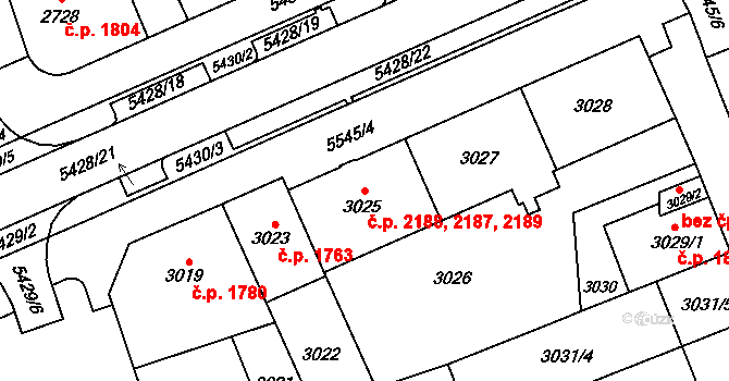 Východní Předměstí 2187,2188,2189, Plzeň na parcele st. 3027 v KÚ Plzeň, Katastrální mapa