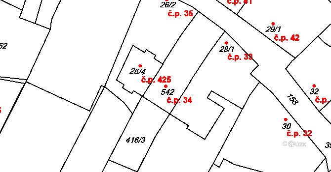 Domamyslice 34, Prostějov na parcele st. 542 v KÚ Domamyslice, Katastrální mapa