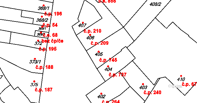 Vyškov-Předměstí 745, Vyškov na parcele st. 405 v KÚ Vyškov, Katastrální mapa