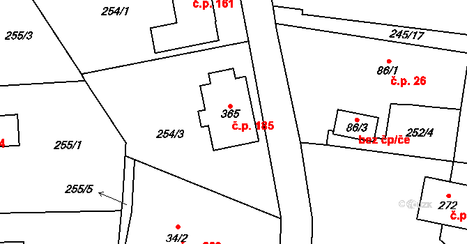 Kostelec u Křížků 185 na parcele st. 365 v KÚ Kostelec u Křížků, Katastrální mapa