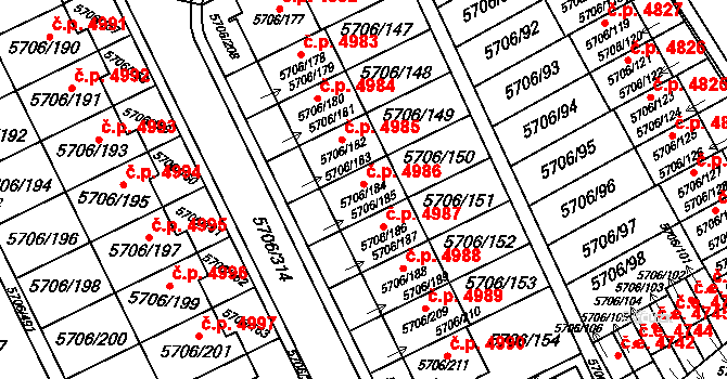 Jihlava 4986 na parcele st. 5706/184 v KÚ Jihlava, Katastrální mapa