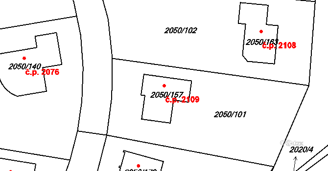 Pelhřimov 2109 na parcele st. 2050/157 v KÚ Pelhřimov, Katastrální mapa