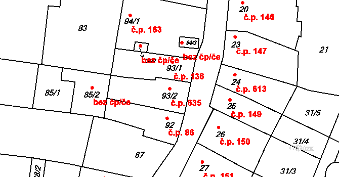 Obřany 635, Brno na parcele st. 93/2 v KÚ Obřany, Katastrální mapa