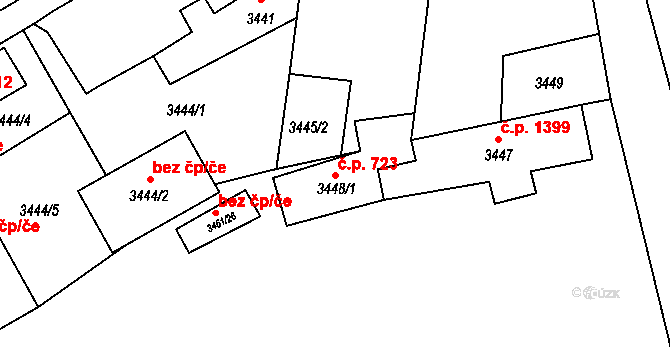 Jirkov 723 na parcele st. 3448/1 v KÚ Jirkov, Katastrální mapa