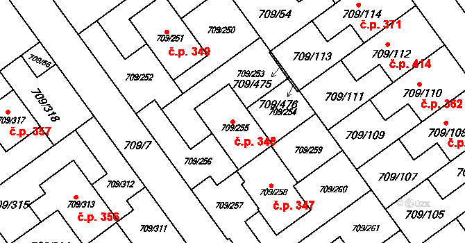 Popůvky 348 na parcele st. 709/255 v KÚ Popůvky u Brna, Katastrální mapa