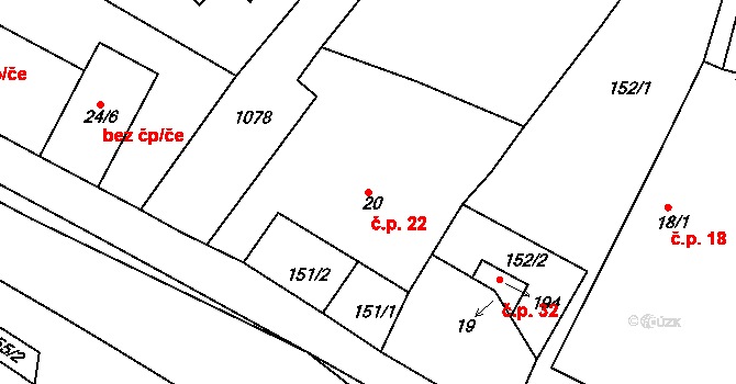 Hošťálkovy 22 na parcele st. 20 v KÚ Hošťálkovy, Katastrální mapa