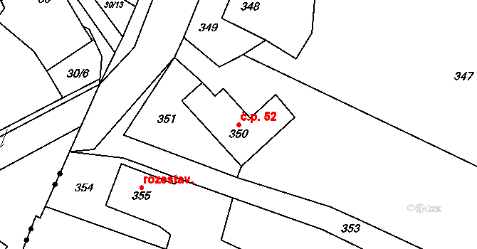 Prosetín 52 na parcele st. 350 v KÚ Prosetín u Bystřice nad Pernštejnem, Katastrální mapa