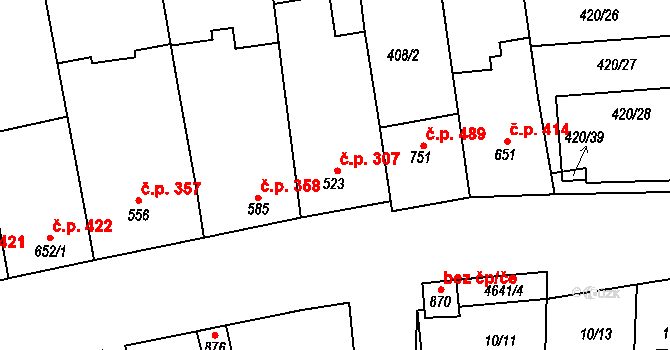 Ostrožská Lhota 307 na parcele st. 523 v KÚ Ostrožská Lhota, Katastrální mapa