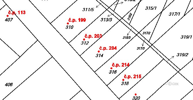 Vícemilice 204, Bučovice na parcele st. 314 v KÚ Vícemilice, Katastrální mapa