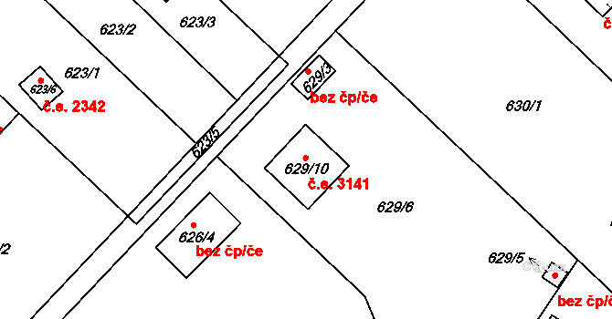 Doudlevce 3141, Plzeň na parcele st. 629/10 v KÚ Doudlevce, Katastrální mapa