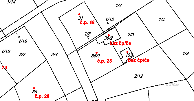 Horní Bezděkov 23, Bojanov na parcele st. 36/1 v KÚ Horní Bezděkov u Bojanova, Katastrální mapa