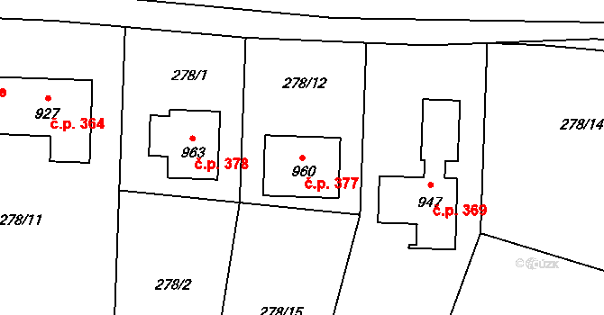 Humny 377, Pchery na parcele st. 960 v KÚ Pchery, Katastrální mapa