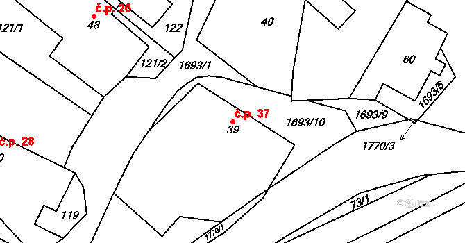 Dolní Jamné 37, Bezvěrov na parcele st. 39 v KÚ Dolní Jamné, Katastrální mapa