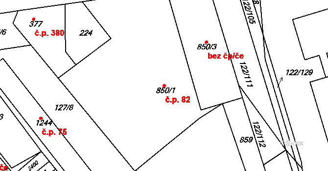 Lobeček 82, Kralupy nad Vltavou na parcele st. 850/1 v KÚ Lobeček, Katastrální mapa