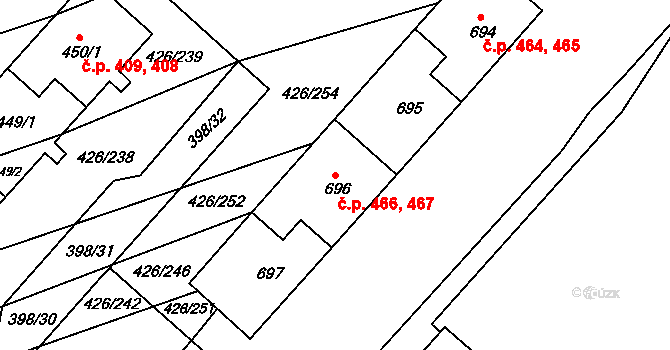 Kaznějov 466,467 na parcele st. 696 v KÚ Kaznějov, Katastrální mapa