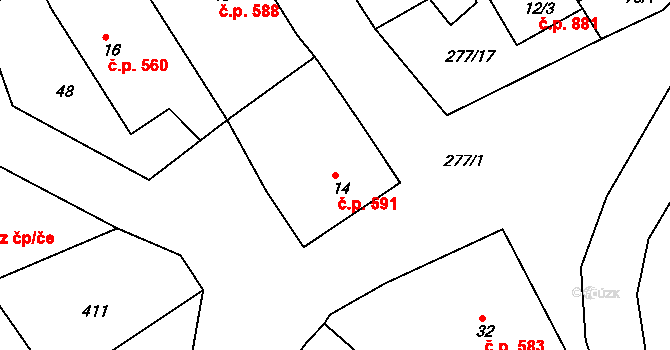 Rudná 591 na parcele st. 14 v KÚ Hořelice, Katastrální mapa