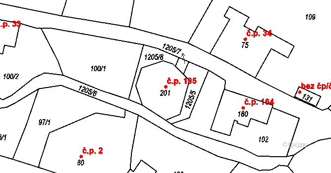 Horní Radechová 195 na parcele st. 201 v KÚ Horní Radechová, Katastrální mapa