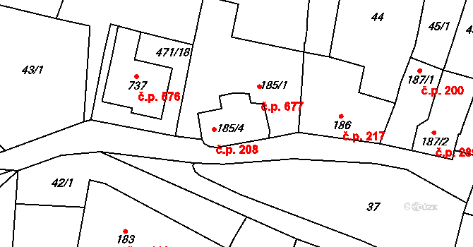 Lysice 208 na parcele st. 185/4 v KÚ Lysice, Katastrální mapa