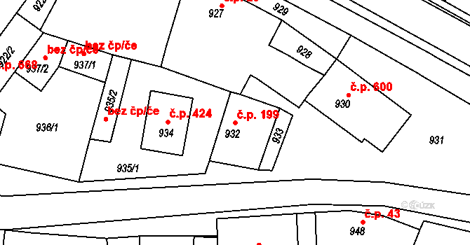 Velké Opatovice 199 na parcele st. 932 v KÚ Velké Opatovice, Katastrální mapa