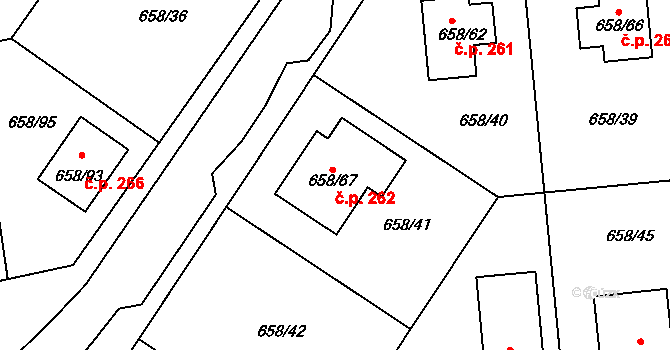 Medlov 262 na parcele st. 658/67 v KÚ Medlov, Katastrální mapa