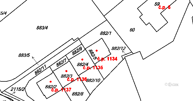 Ruzyně 1134, Praha na parcele st. 882/5 v KÚ Ruzyně, Katastrální mapa