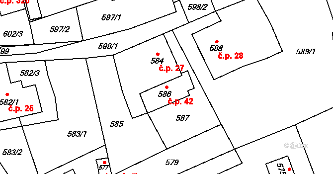 Loučka 42, Nový Jičín na parcele st. 586 v KÚ Loučka u Nového Jičína, Katastrální mapa