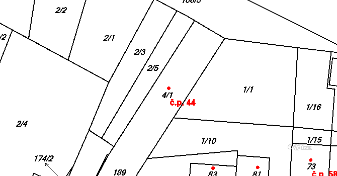 Čížkov 44 na parcele st. 4/1 v KÚ Čížkov, Katastrální mapa