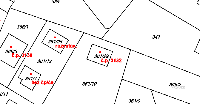 Milovice 3132 na parcele st. 361/29 v KÚ Milovice nad Labem, Katastrální mapa