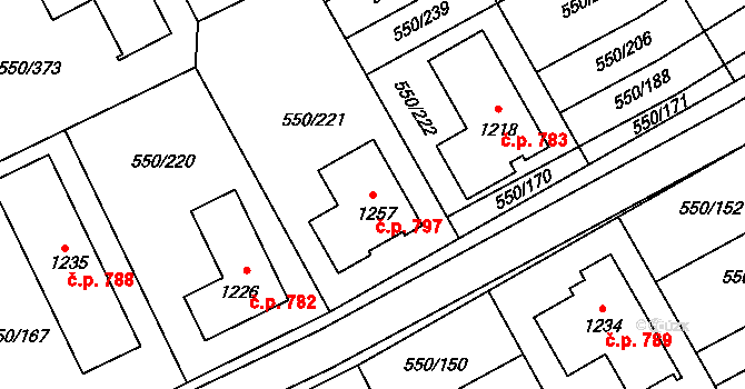 Prštné 797, Zlín na parcele st. 1257 v KÚ Prštné, Katastrální mapa
