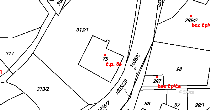 Horní Kostelec 54, Červený Kostelec na parcele st. 75 v KÚ Horní Kostelec, Katastrální mapa