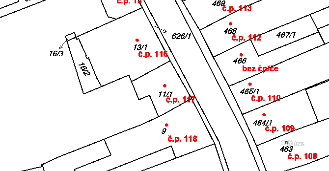 Hustopeče 117 na parcele st. 11/1 v KÚ Hustopeče u Brna, Katastrální mapa