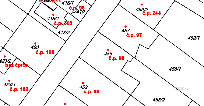 Suchohrdly 98 na parcele st. 455 v KÚ Suchohrdly u Znojma, Katastrální mapa