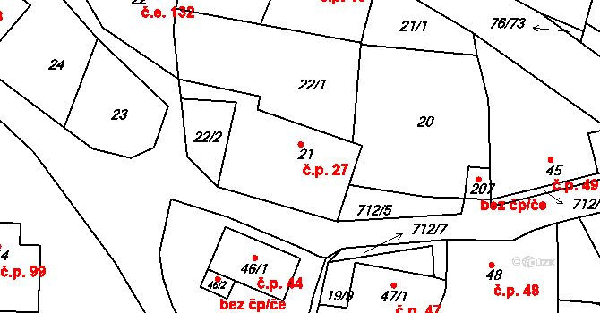 Hůrky 27 na parcele st. 21 v KÚ Hůrky u Rokycan, Katastrální mapa