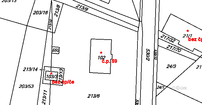 Borek 59 na parcele st. 102 v KÚ Borek, Katastrální mapa