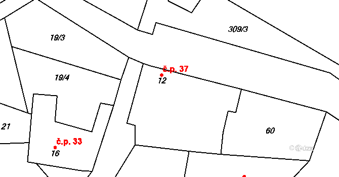 Boharyně 37 na parcele st. 12 v KÚ Boharyně, Katastrální mapa
